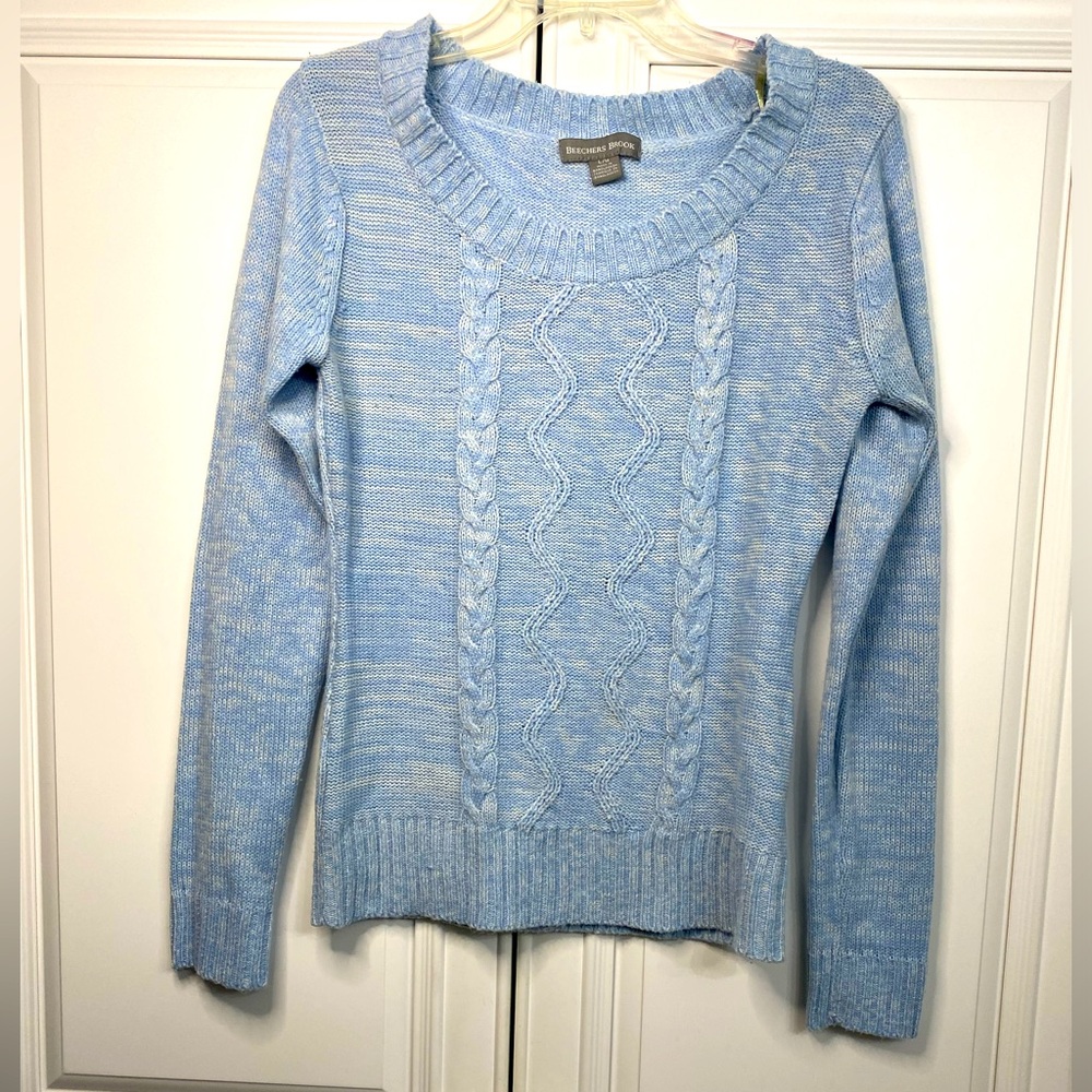 Beecher’s Brook Women’s Size Large Soft Blue Crew Neck Sweater Cable Knit Design